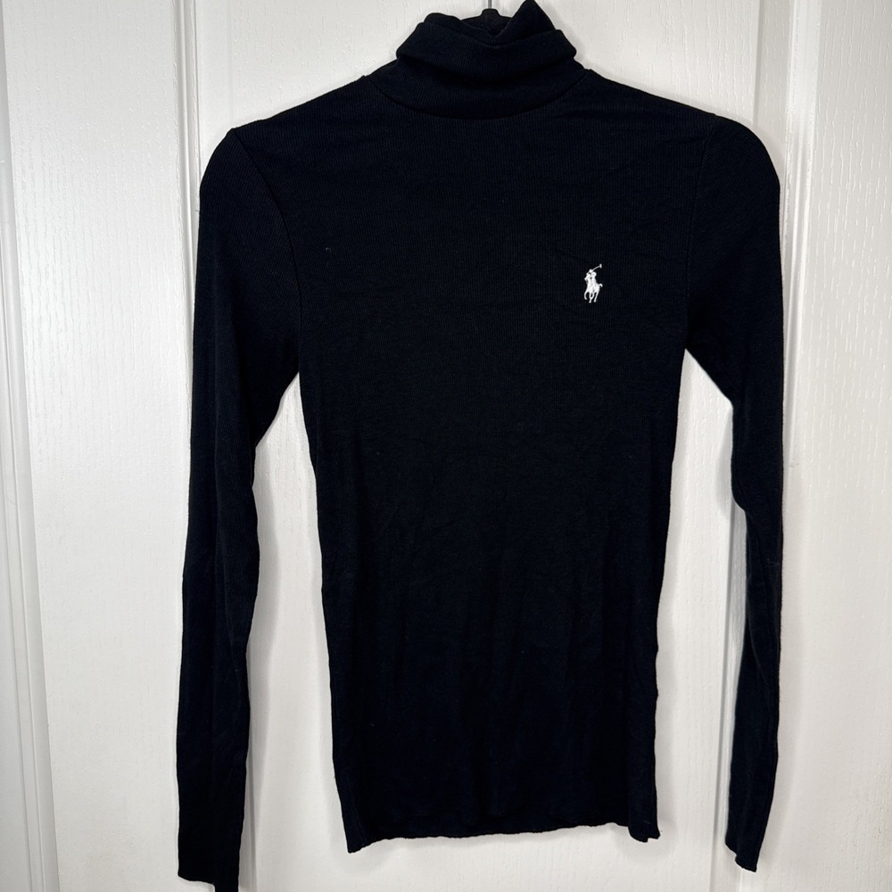 Polo Ralph Lauren Womens M Black Ribbed Turtleneck Top White Pony Old Money Knit